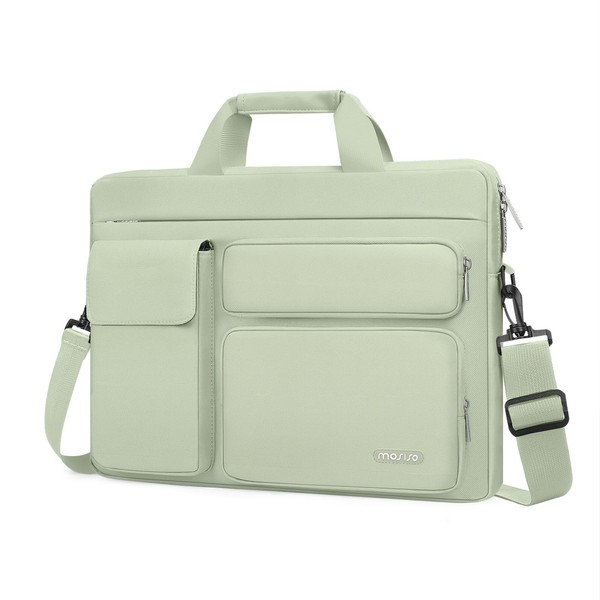 MOSISO Laptop Shoulder Messenger Bag Compatible with MacBook Air/Pro,13-13.3 inch Notebook,Compatible with MacBook Pro 14 inch with 2 Raised&1 Flapover&1 Horizontal Pocket&Handle&Belt, Sage Green