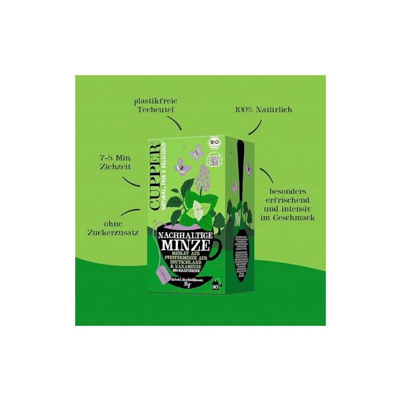 Cupper Organic Herbal Tea Sustainable Mint, Liquorice Free, 20 Unbleached