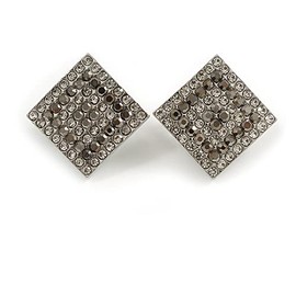 Clear/Dark Grey Crystal Square Clip-On Earrings in Silver Tone - 18mm Tall