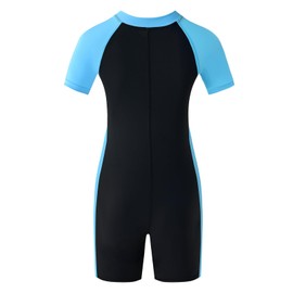 karrack Girls and Boys One Piece Rash Guard Swimsuit Kid Water Sport Short Swimsuit UPF 50+ Sun Protection Bathing Suits (Size 6-7Years) Black- Blue