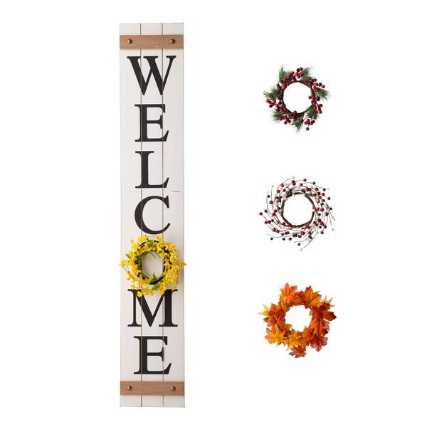 Glitzhome Welcome Sign for Front Door Porch, Rustic Farmhouse Wooden Hanging Wall Sign with 4 Interchangeable Floral Wreath for Seasons Spring Summer Fall Harvest Thanksgiving Christmas, 60”H, White