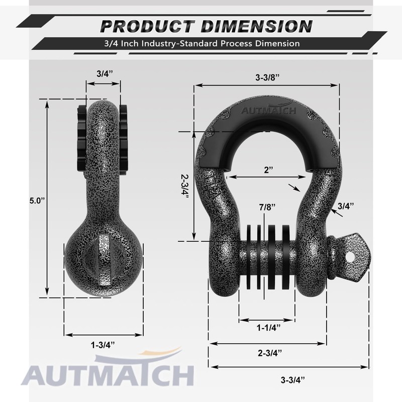 AUTMATCH D Ring Shackle 3/4" Shackles (2 Pack) 41,887Ibs Break