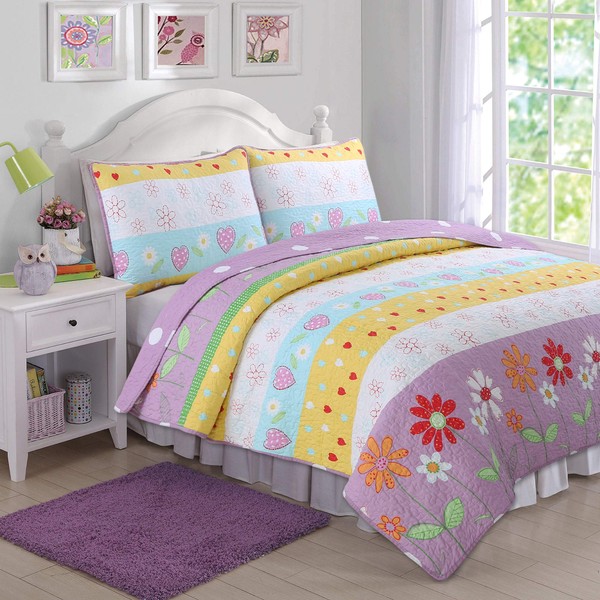 Cozy Line Home Fashions Floral Heart Print Reversible Girl Bedding Quilt Set, Bedspread, Coverlet (Flower Garden, Queen - 3 Piece)