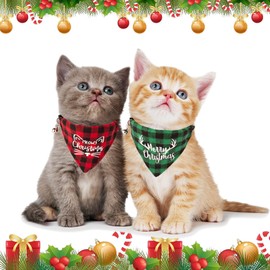 ADOGGYGO Christmas Cat Collars Breakaway with Bell, 2 Pack Adjustable Red Green Plaid Christmas Bandana Collars for Cats Kittens