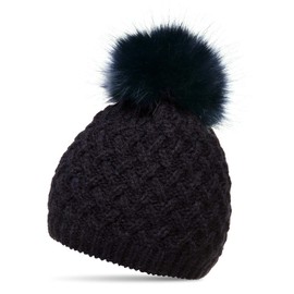 Caspar MU177 Women's Winter Knitted Hat Bobble Hat with Large Fur Bobble, darkblue