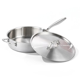 DELARLO 6QT Saute Pan Tri-Ply Stainless Steel Pan, 12Inch Deep Frying Pan with Steel cover, Kitchen Large Skillet,Heavy Duty Style Compatible With All Cooktops Up to 650℉