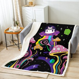 Cute Cat Throw Blanket Cartoon Mushroom Bed Blanket for Kids Boys Girls Room Decor, Outer Space Animal Blanket for Couch Sofa, Soft and Breathable Fleece Blanket(60 x 80 Inches)