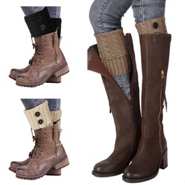 Benefeet Sox 3 Pairs Boot Cuffs for Women Short Cable Knit Leg Warmers for Boots Crochet Knitted Warm Boot Toppers Socks Boot Socks Winter Gifts for Women - Beige Black Coffee, Buttons