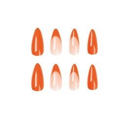 24PCS Short False Nails with Glue Stickers,Almond Full Cover Acrylic Nails Press on Nails no Glue,Orange French Tip Fake Nails Stick on Nails for Women and Girls Nail Art.
