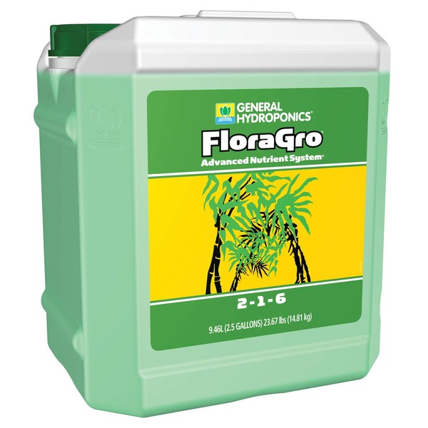 General Hydroponics FloraGro 2-1-6, Use With FloraMicro & FloraBloom, Provides Nutrients For Structural & Foliar Growth, Ideal For Hydroponics, 2.5-Gallon