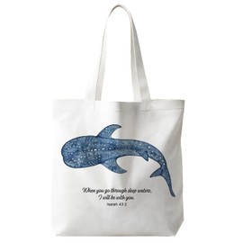 JINYO Whale Shark Christian Canvas Tote Bag Gifts for Women, Bible Verses Isaiah 43:2, Inspirational Canvas Tote Bag for Women, 15x15 Inch