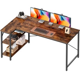 Huuger L Shaped Desk, 55 Inches Computer Desk with Reversible Storage Shelves, for Gaming Corner Home Office Writing Study, Metal Frame, Rustic Brown