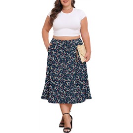 Lastshe Women's Plus Size Midi Skirts Elastic High Waisted Casual Loose Maternity Boho A-Line Flowy Skirt with Pockets,Dark Blue Flowers,4X
