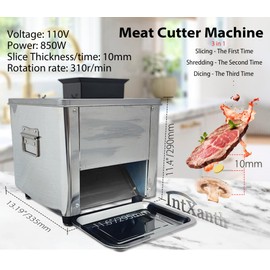 IntXanth Electric Meat Cutter Machine 850W, 10MM Meat Slicer, Stainless Steel Blade, Easy to Clean, 3 in 1 Slices Strips Dice, for Boneless Pork Chicken Fish Cabbage