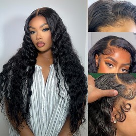 Leximi 32 Inch 13x6 Deep Wave Lace Front Wigs Human Hair HD Transparent Lace Frontal Wigs 100% Real Human Hair Pre Plucked with Baby Hair 180% Density Natural Color for Woman (Natural Black, 32 Inch)