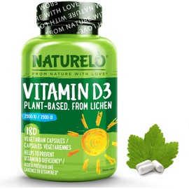 NATURELO Vitamin D - 2500 IU - Plant Based from Lichen - Natural D3 Supplement for Immune System, Bone Support, Joint Health - Vegan - Non-GMO - Gluten Free - 180 Capsules