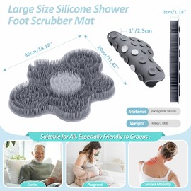 GEENOA New Silicone Shower Foot Scrubber Mat, Large Wall-Mounted Back Scrubber Back Washer with Long Bristles & Powerful Suction Cups, Easy to Clean Exfoliate and Massage Without Bending(Gray)
