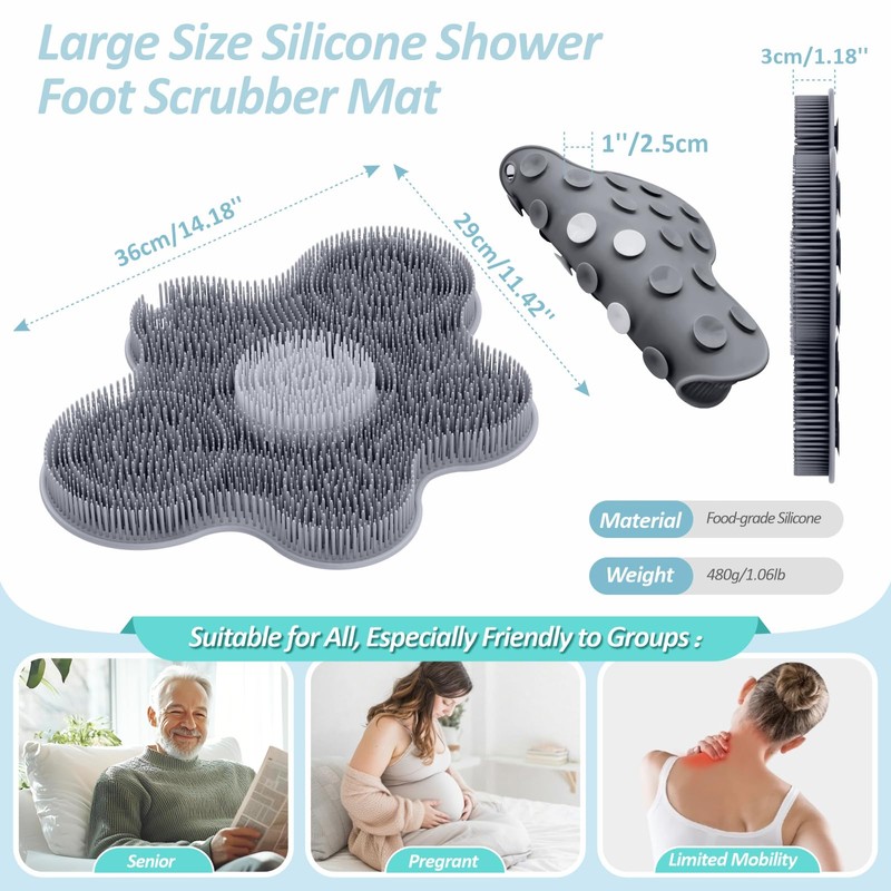 GEENOA New Silicone Shower Foot Scrubber Mat, Large Wall-Mounted Back