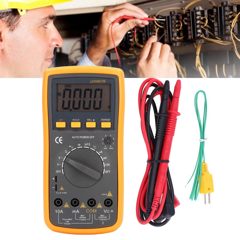 LD9807B Digital Multimeter with Backlight Display Temperature Probe Voltage Current