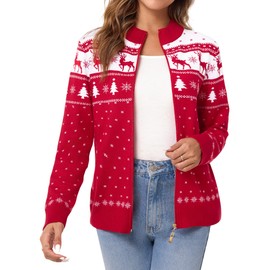 Sykooria Women's Cardigan Christmas Jacket Long Sleeve Cardigan Warm Outwear Sweater with Stand-Up Collar and Zip, Red Xmas