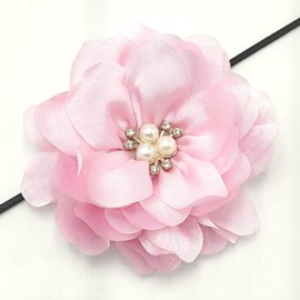 YOOGCORETT 5pcs Pink Chiffon Lace Fabric Flowers Flat Back Rhinestone Applique Bows for DIY Sewing Craft Party Decoration Hair Clips Accessories Supplies - 3.1" Inch