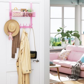 Consumest Over The Door Hooks Organizer - Over Door Hanger with 16 Hooks & 2 Baskets for Hanging Coat, Clothing, Towel, Back Storage for Bathroom, Closet, College Dorm, Pink