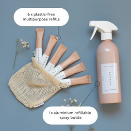 Spruce Multipurpose Starter Kit Bundle: Refillable Cleaning Kit with Aluminum Reusable Bottle. 6 x Plastic-Free Concentrated Refills. Just-add-water. Eco friendly. Non-toxic. 100% Vegan