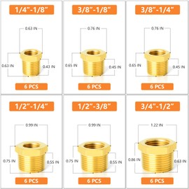 GASHER 36PCS Brass Hex Bushing Fitting Kit Hex Bushing 1/4" - 1/8", 3/8" - 1/8", 3/8" - 1/4", 1/2" - 1/4", 1/2" - 3/8", 3/4" - 1/2"