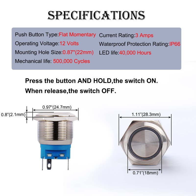 JIQI 2Packs 22mm 0.87'' Momentary Push Button Switch 12V-24V LED