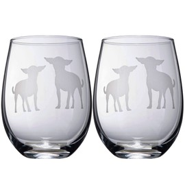 Set of 2 Chihuahua Dog Stemless Wine Glasses - Chihuahueño Puppy & Doggy Lover for Him & Her - Dogs Silhouette - Glass Gifts Etched Tumblers for Anniversary, Wedding, Home Bar Gifts
