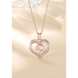 INFUSEU P Letter Necklace, Double Heart Pendant Rose Gold A-Z Jewellery Cubic Zirconia CZ Long 20 Inch Chain Cute Gifts For Girls Wife Female