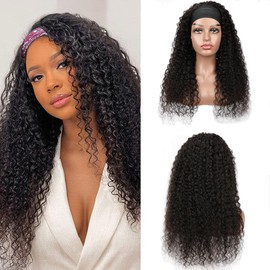 Headband Wig Human Hair Kinky Curly 24 inch None Lace Front Wig Human Hair Machine Made Wigs Glueless Curly Hair Headband Half Wigs for Black Women Human Hair Natural Color