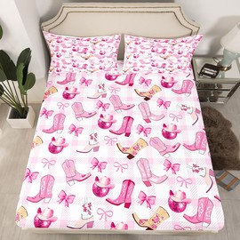 Manfei - Juego de sábanas bajeras de princesa vaquera para niños, tamaño individual, con lazo de ensueño, botas vaqueras, bola de discoteca, decoración de habitación para niñas y mujeres, funda de