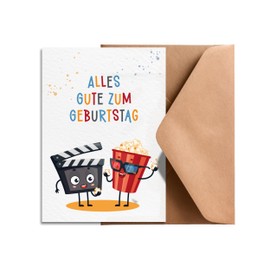 Geburtstagskarte Kinder Kino – A6 Postkarte mit Umschlag – Popcorn & Filmklappe Motiv – Lustige Grußkarte zum Geburtstag – Karte für Jungen & Mädchen – Filmliebhaber & Kinofans