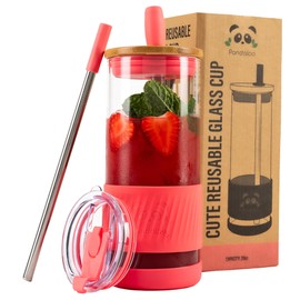 Pandaloo® Glass Cups With Lids and Straws -20 Fl Oz- Perfect Size Iced Coffee Cup - Smoothie Cup With Bamboo Lid and On the go Lid - Glass Tumbler With Straw (1 Count (Pack of 1), Coral)