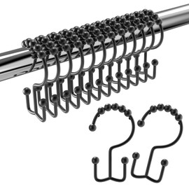 BATHDESIGN Shower Curtain Hooks Rings, Rust Proof Stainless Steel Shower Curtain Hooks Double Sided for Bathroom Shower Rods Curtains, Set of 12, Black