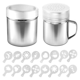 AIFUDA 2 Pcs Stainless Steel Powder Shaker with Lid, 16 pcs Printing Molds Stencils, Powder Cans with Hole or Fine-Mesh for Coffee Cappuccino Latte for Kitchen Baking Cooking