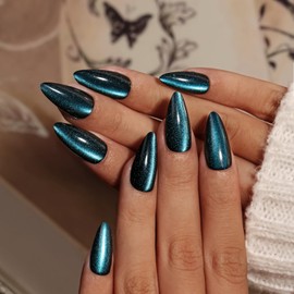 KQueenest Cat Eye Press On Nails Almond, 30 Pcs Glitter Black Blue Press On Nails Medium, Dark Sparkly Fake Nails With Glue, Reusable Luxury Glue on Nails Press ons for Women, Gothic Style