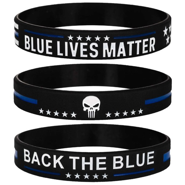 Sainstone Police Blue Lives Matter Thin Blue Line American Flag Bracelets with Skull - Back The Blue Silicone Rubber Wristband Band Set- Support Law Enforcement Gifts for Police Cops