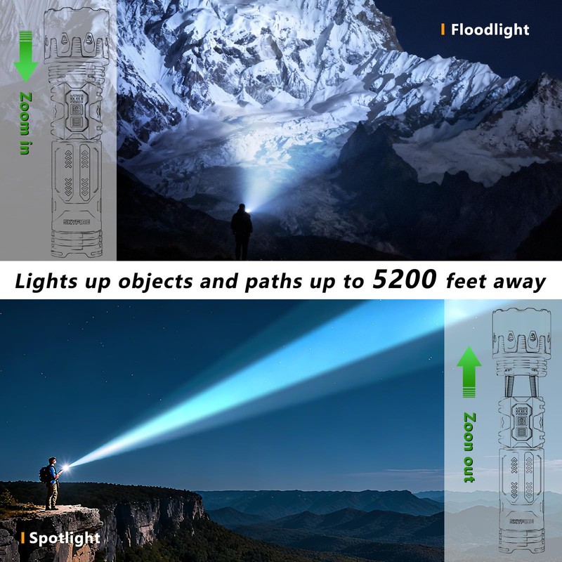 SKYFIRE LED Rechargeable Flashlights High Lumens: 11 Modes Zoomable Super