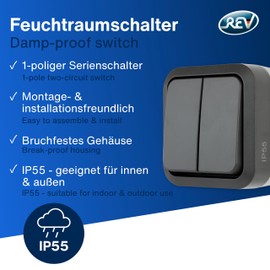 REV 0004320400 AquaStorm Series Switch, Wet Room Switch, IP55, Single Pole, Flush-Mounted, Anthracite