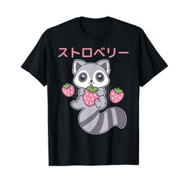 Cute Kawaii Raccoon Embrace A Big Strawberry Anime T-Shirt