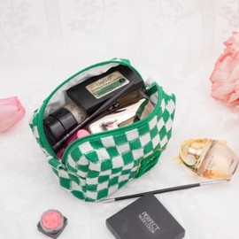 Ouksma 2 Pcs Initial Cosmetic Bag Checkered Makeup Bag Travel Toiletry Bag (K, Hot Pink/Green)