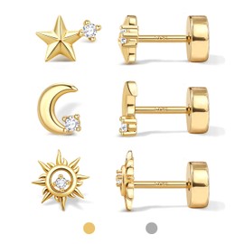 Dochais 3 Pairs of Stud Earrings 925 Silver for Men and Women Earrings 925 Silver Stud Earrings 14 Carat Gold-Plated Small Stud Earrings Hypoallergenic Earrings Set Zirconia Cartilage Helix Conch