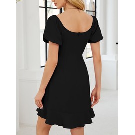 VIAURBE Womens Summer Dresses Round Neck Puff Sleeve Tie Waist Short Dress for Wedding Guest 2025 Black XL