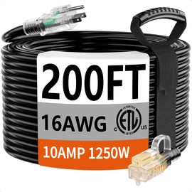 HUANCHAIN 200 ft 16/3 Gauge Extension Cord Outdoor Waterproof with Lighted end, Flexible Cold-Resistant 3 Prong Long Black Extension Cord Outside, 10A 1250W 16AWG SJTW, ETL