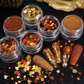 Fall Nail Art, 6 Boxes Fall Leaves Nail Glitter Sequin Kit with Makeup Glue & Brushes, Autumn Thanksgiving Glitter Powder Eyeshadow Shimmering, Resin Glitter Sequins for Decor Makeup Face, Hair, Body