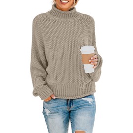 ZESICA Women's Turtleneck Batwing Sleeve Loose Oversized Chunky Knitted Pullover Sweater Jumper Tops,Camel,Large