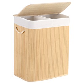 Aliphon 100L Laundry Hamper with lid, 2-Section Clothes Laundry Basket with Handles, Large Collapsible Bamboo Baskets for Bedroom, Bathroom, Dorm, Natural Beige