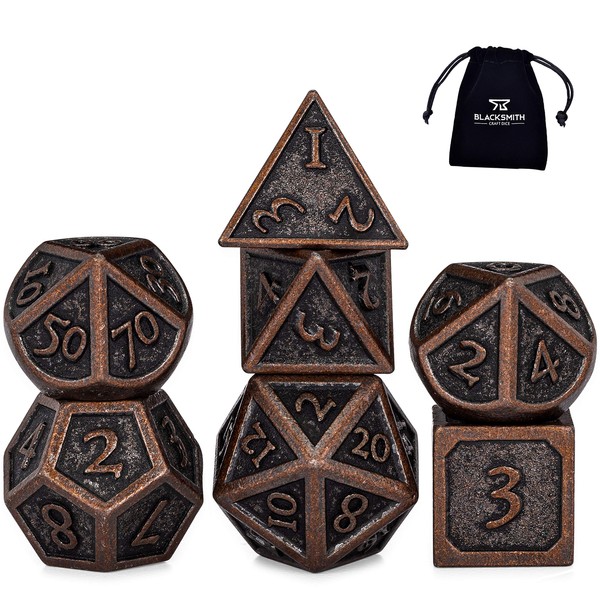 HEIMDALLR Metal DND Dice Set 7 PCS - Dungeons and Dragons Polyhedral Dice Set with D&D Dice Bag for RPG Gaming - Includes D20 - Blacksmith Craft Dice (Burnished Bronze)